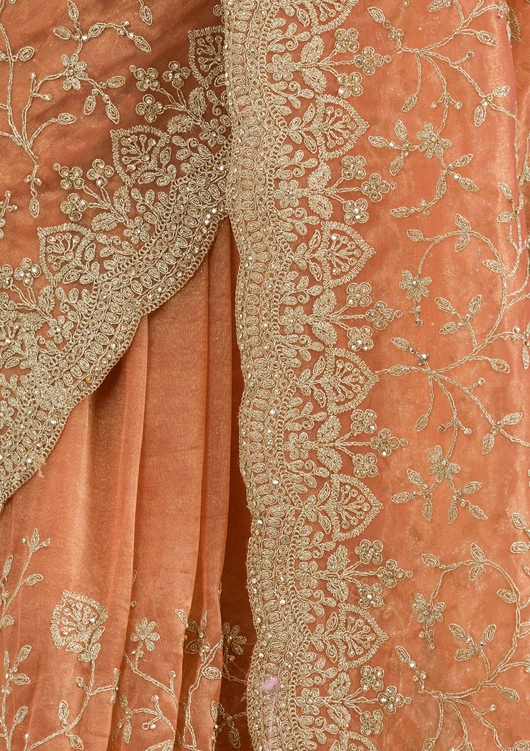 Rust Tissue Gold Zariwork Saree With Matching Blouse Piece