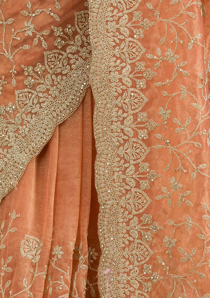 Rust Tissue Gold Zariwork Saree With Matching Blouse Piece