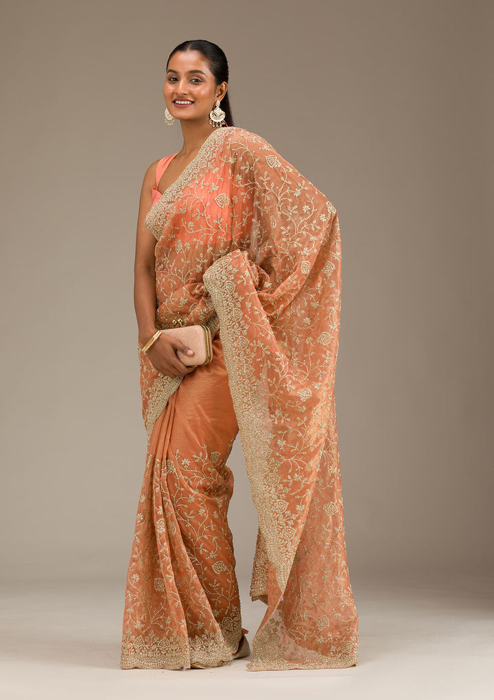 Rust Tissue Gold Zariwork Saree With Matching Blouse Piece