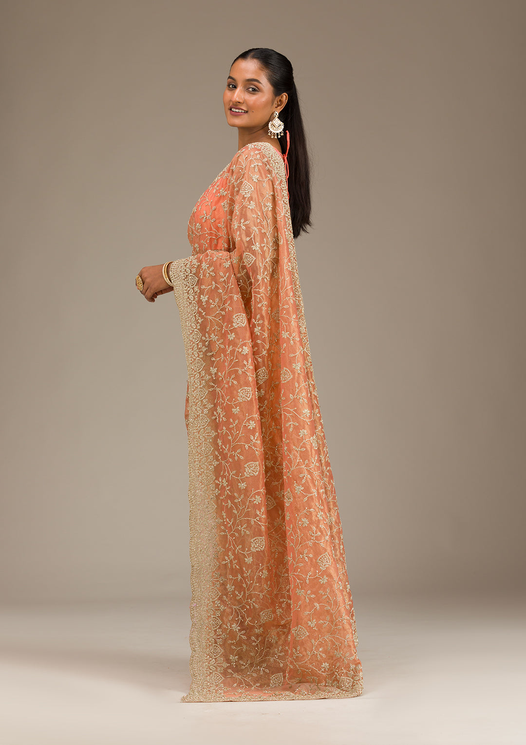 Rust Tissue Gold Zariwork Saree With Matching Blouse Piece
