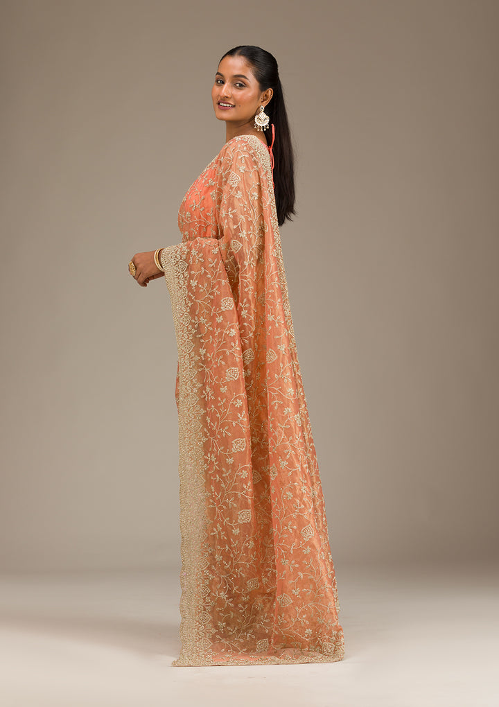 Rust Tissue Gold Zariwork Saree With Matching Blouse Piece
