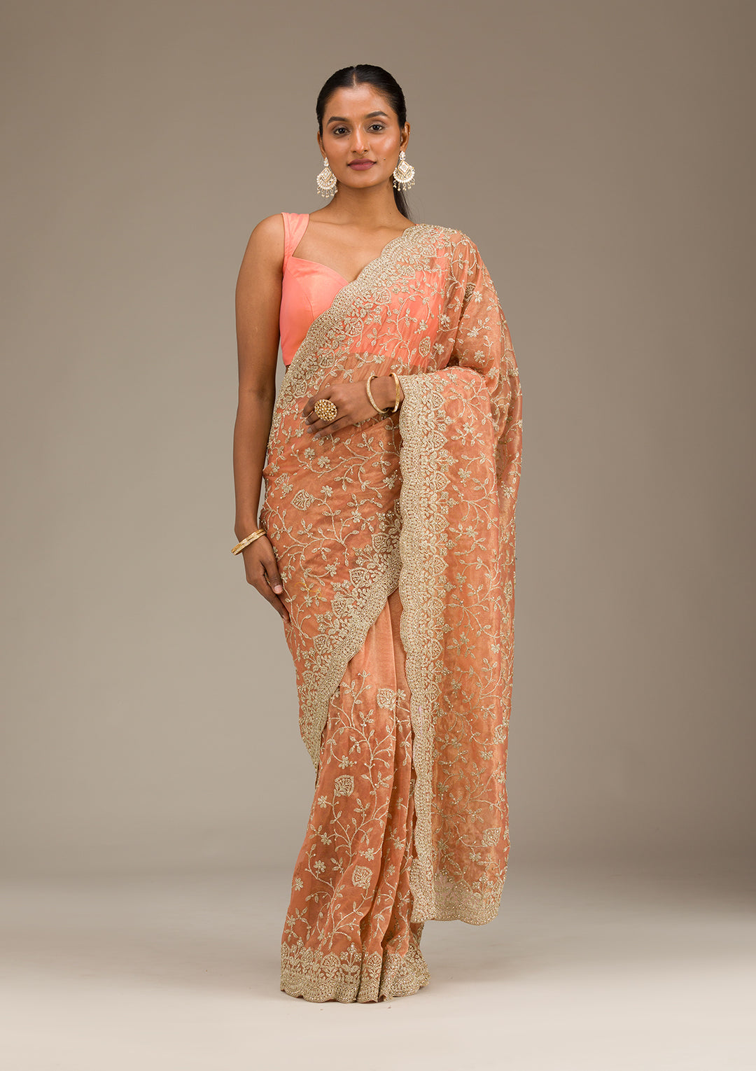 Rust Tissue Gold Zariwork Saree With Matching Blouse Piece