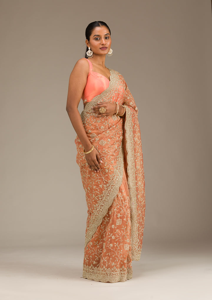 Rust Tissue Gold Zariwork Saree With Matching Blouse Piece