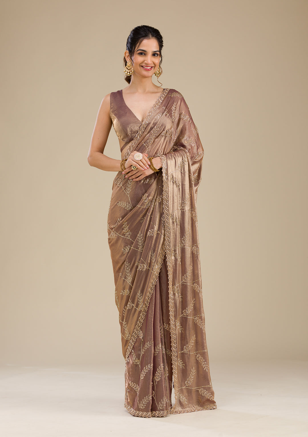 Rust Tissue Gold Stonework Saree With Matching Blouse Piece