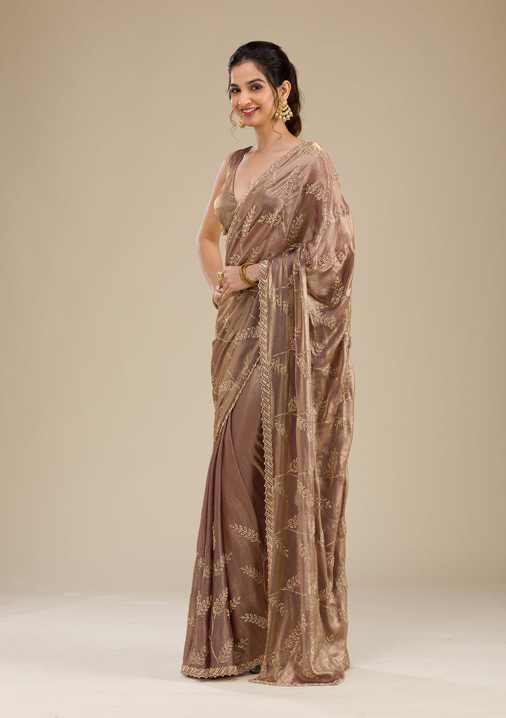 Rust Tissue Gold Stonework Saree With Matching Blouse Piece