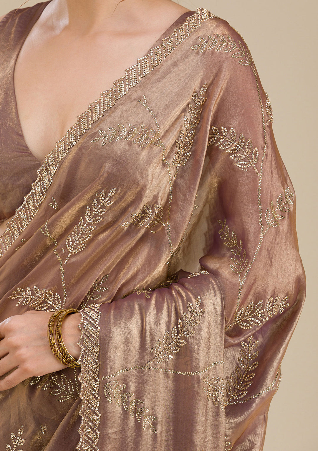 Rust Tissue Gold Stonework Saree With Matching Blouse Piece