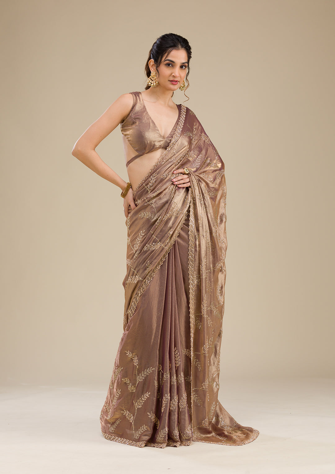 Rust Tissue Gold Stonework Saree With Matching Blouse Piece