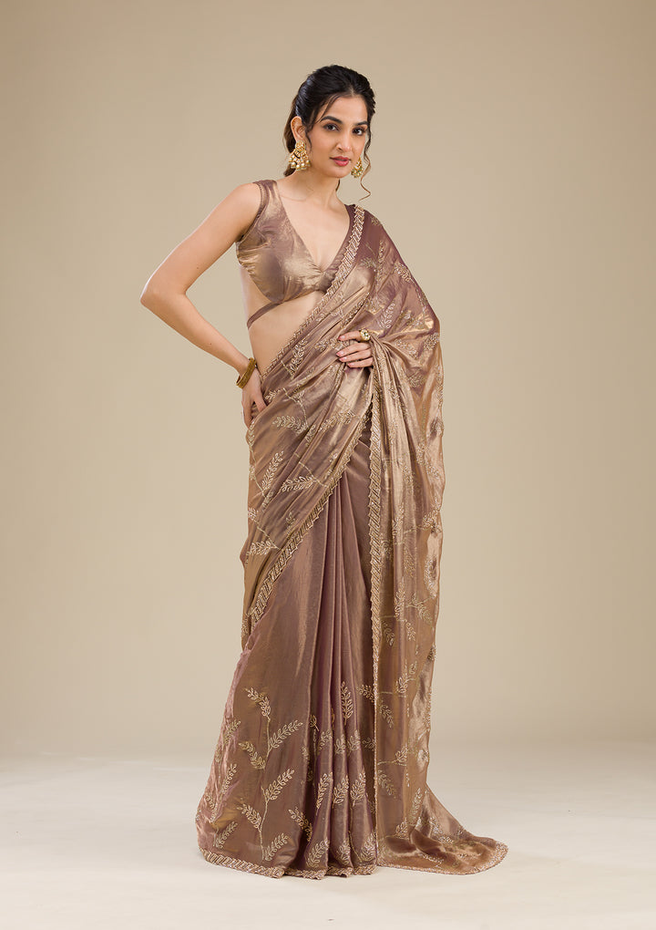 Rust Tissue Gold Stonework Saree With Matching Blouse Piece