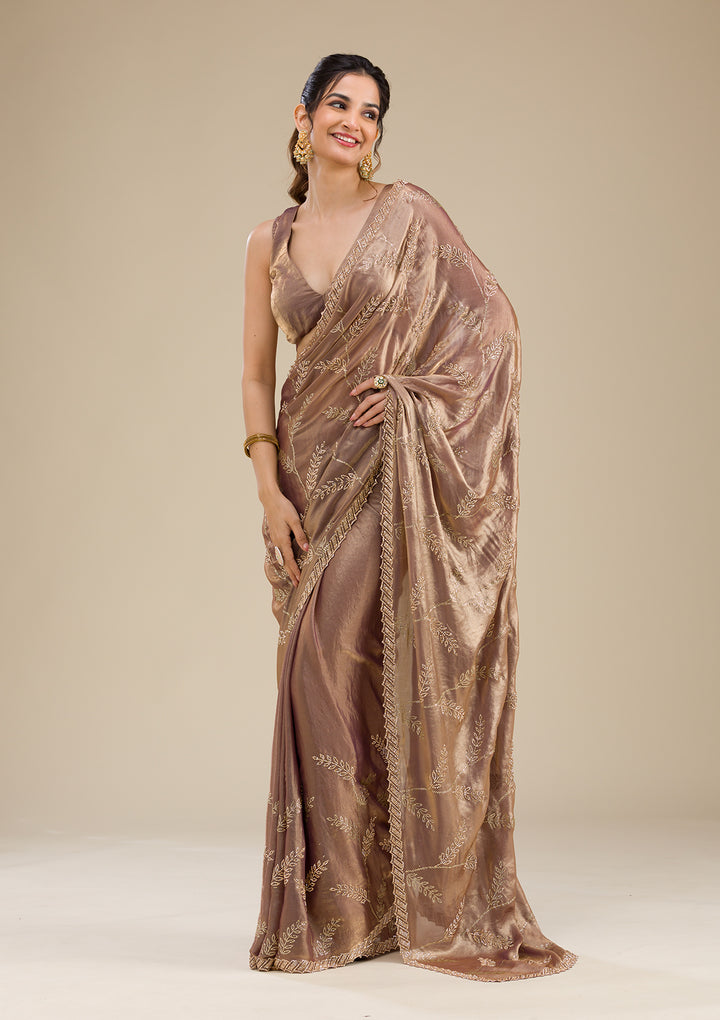 Rust Tissue Gold Stonework Saree With Matching Blouse Piece