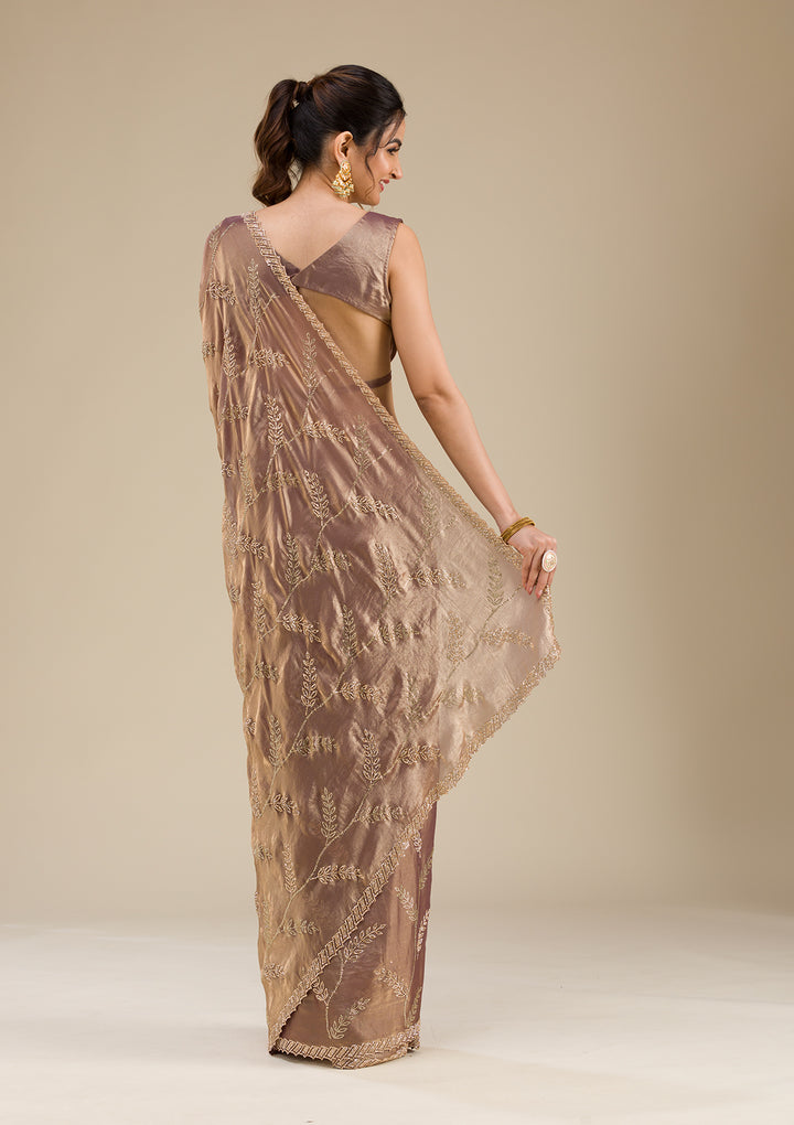 Rust Tissue Gold Stonework Saree With Matching Blouse Piece