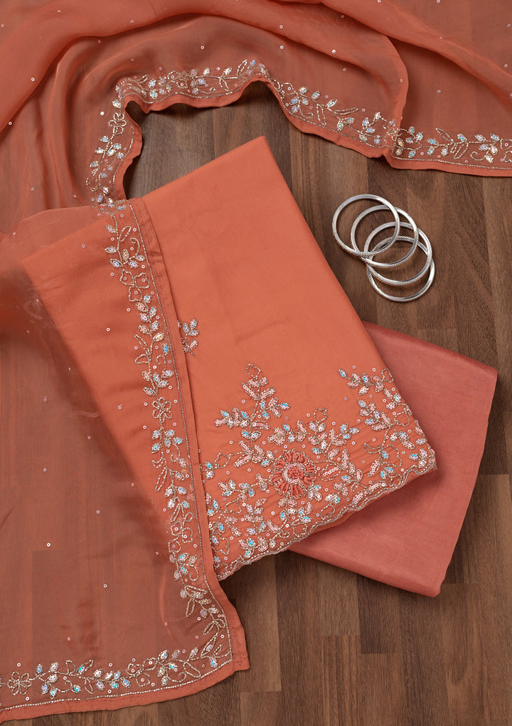 Rust Tissue Cutdana Unstitched Dress Material With Matching Bottom And Dupatta