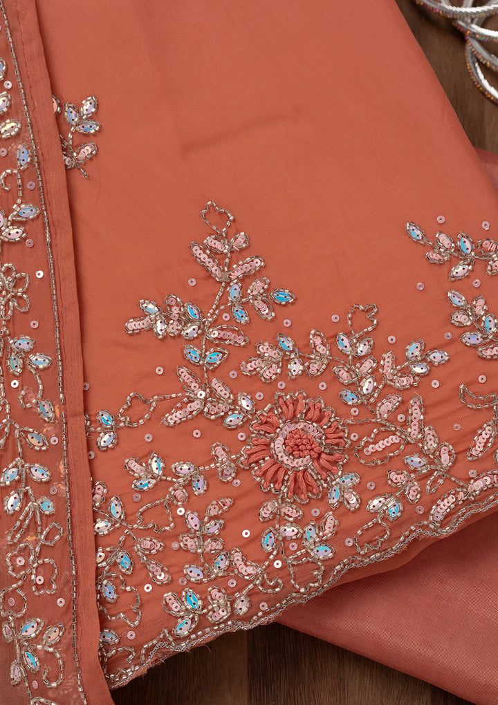 Rust Tissue Cutdana Unstitched Dress Material With Matching Bottom And Dupatta