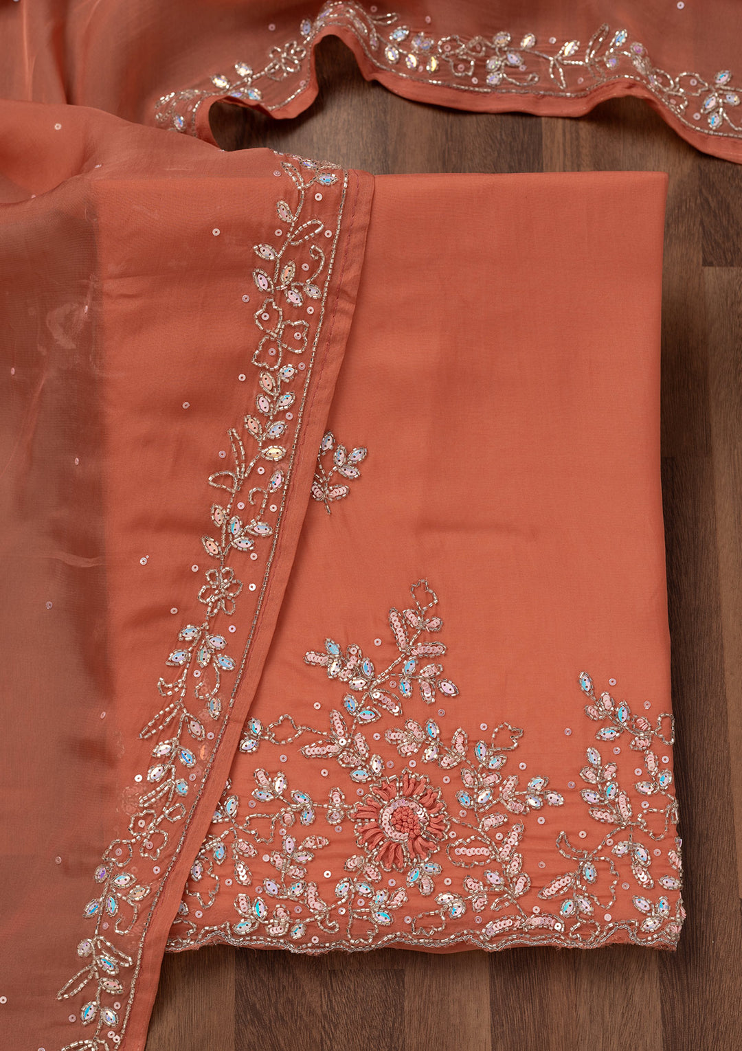 Rust Tissue Cutdana Unstitched Dress Material With Matching Bottom And Dupatta