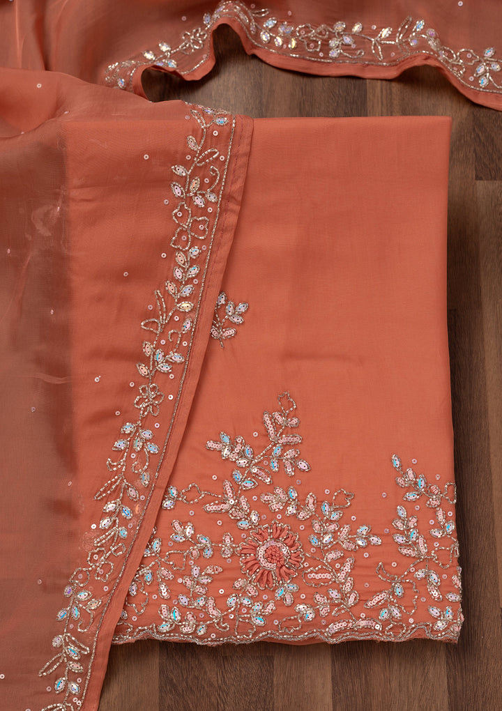Rust Tissue Cutdana Unstitched Dress Material With Matching Bottom And Dupatta