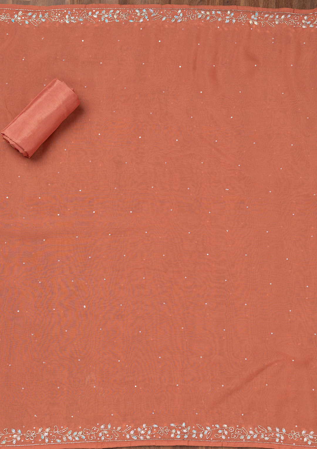 Rust Tissue Cutdana Unstitched Dress Material With Matching Bottom And Dupatta
