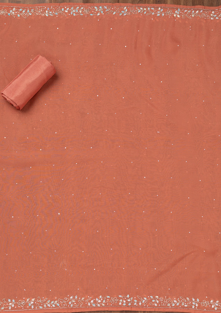 Rust Tissue Cutdana Unstitched Dress Material With Matching Bottom And Dupatta