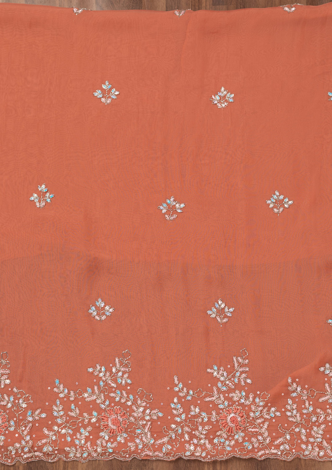 Rust Tissue Cutdana Unstitched Dress Material With Matching Bottom And Dupatta