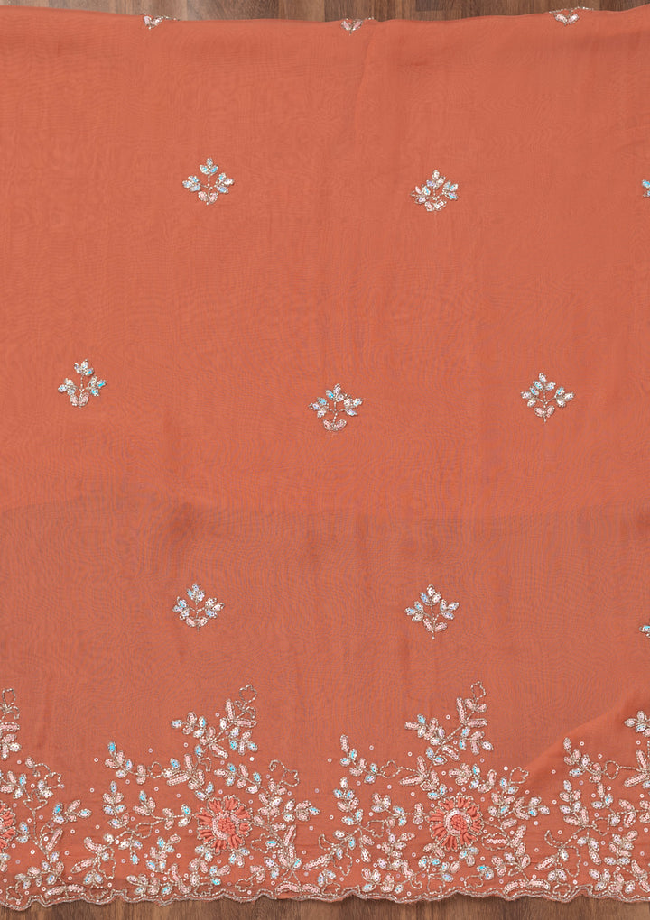 Rust Tissue Cutdana Unstitched Dress Material With Matching Bottom And Dupatta