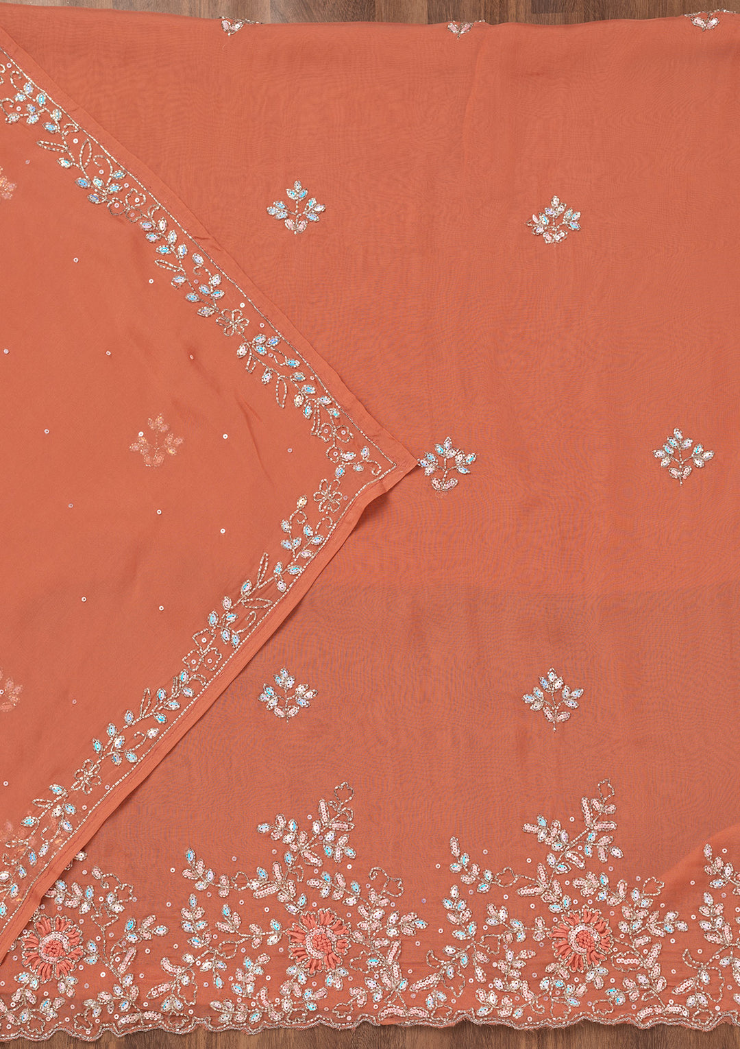 Rust Tissue Cutdana Unstitched Dress Material With Matching Bottom And Dupatta