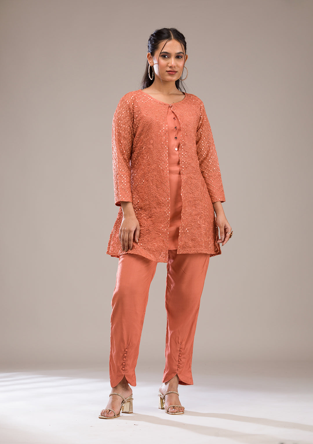 Koskii Cotton Peach Salwar Suit – Ready-to-Wear with Elegant Threadwork