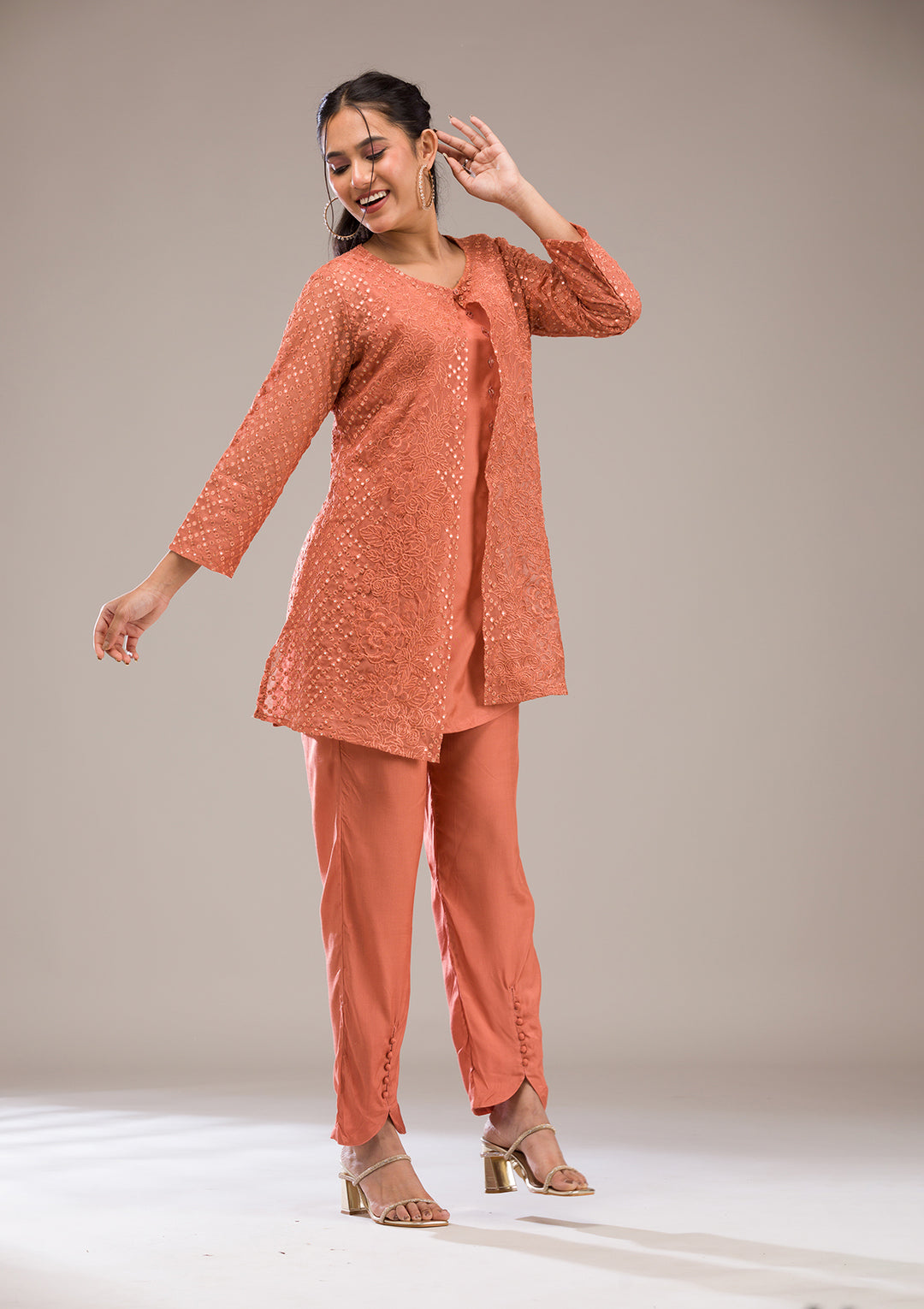Koskii Cotton Peach Salwar Suit – Ready-to-Wear with Elegant Threadwork