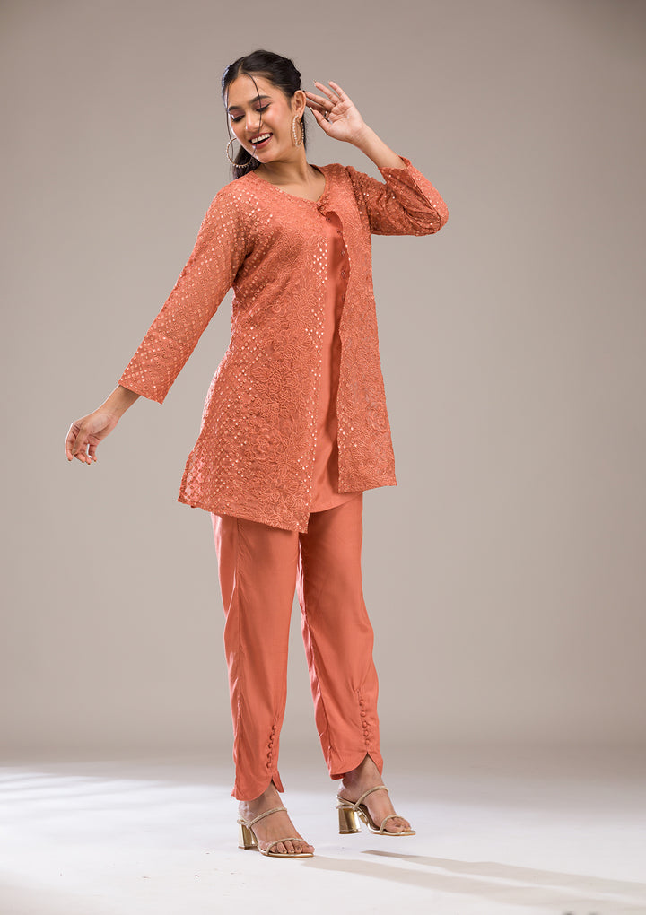 Koskii Cotton Peach Salwar Suit – Ready-to-Wear with Elegant Threadwork