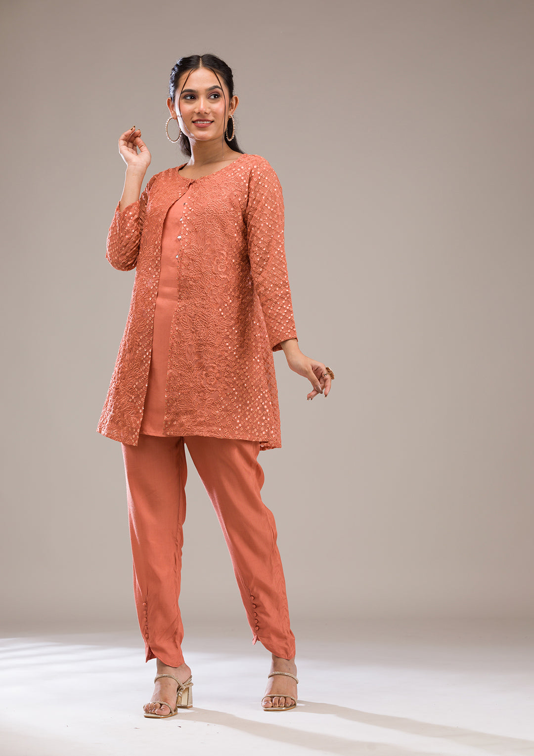 Koskii Cotton Peach Salwar Suit – Ready-to-Wear with Elegant Threadwork