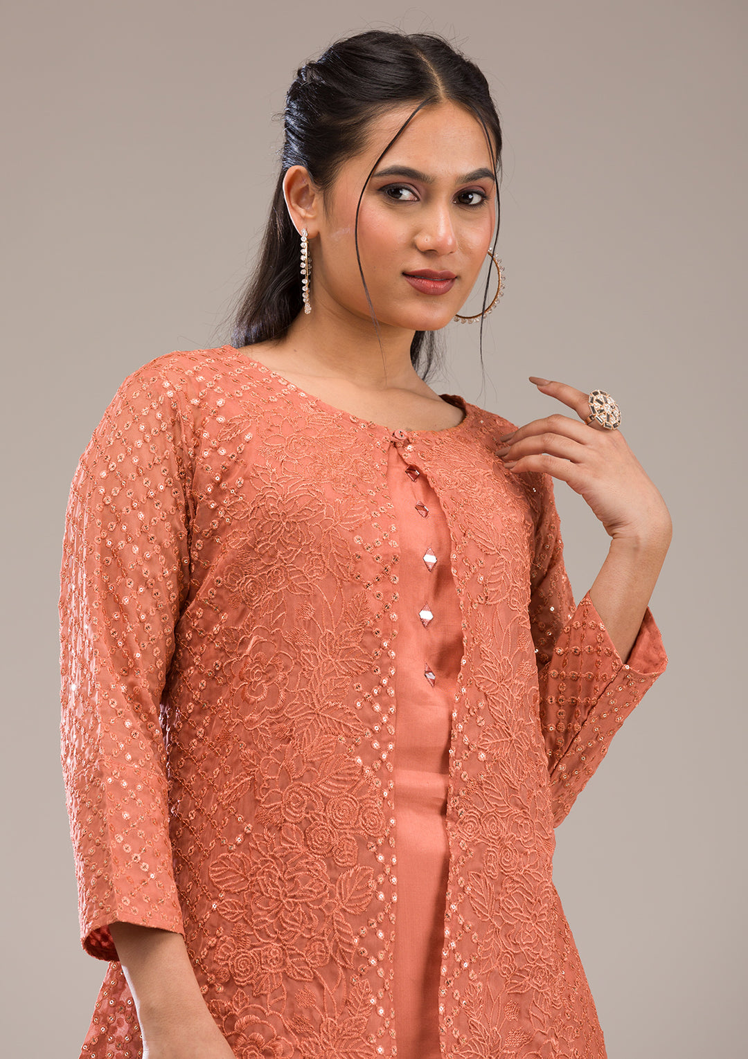 Koskii Cotton Peach Salwar Suit – Ready-to-Wear with Elegant Threadwork