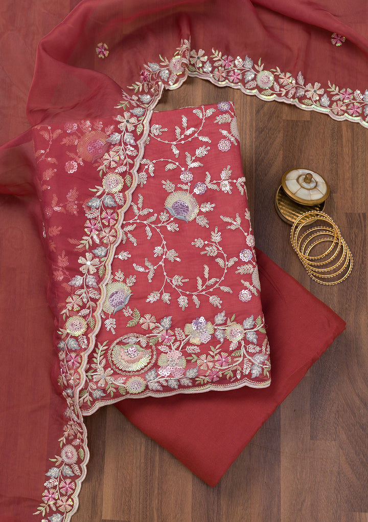 Rust Crepe Sequins Unstitched Dress Material With Matching Bottom And Dupatta