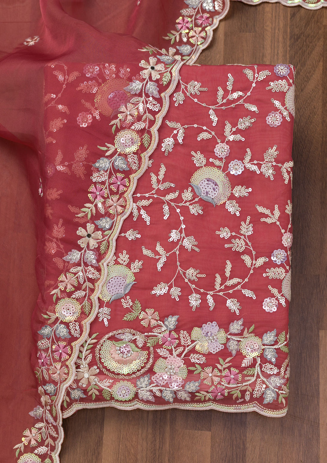 Rust Crepe Sequins Unstitched Dress Material With Matching Bottom And Dupatta