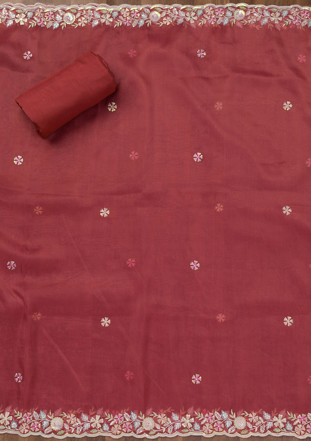 Rust Crepe Sequins Unstitched Dress Material With Matching Bottom And Dupatta