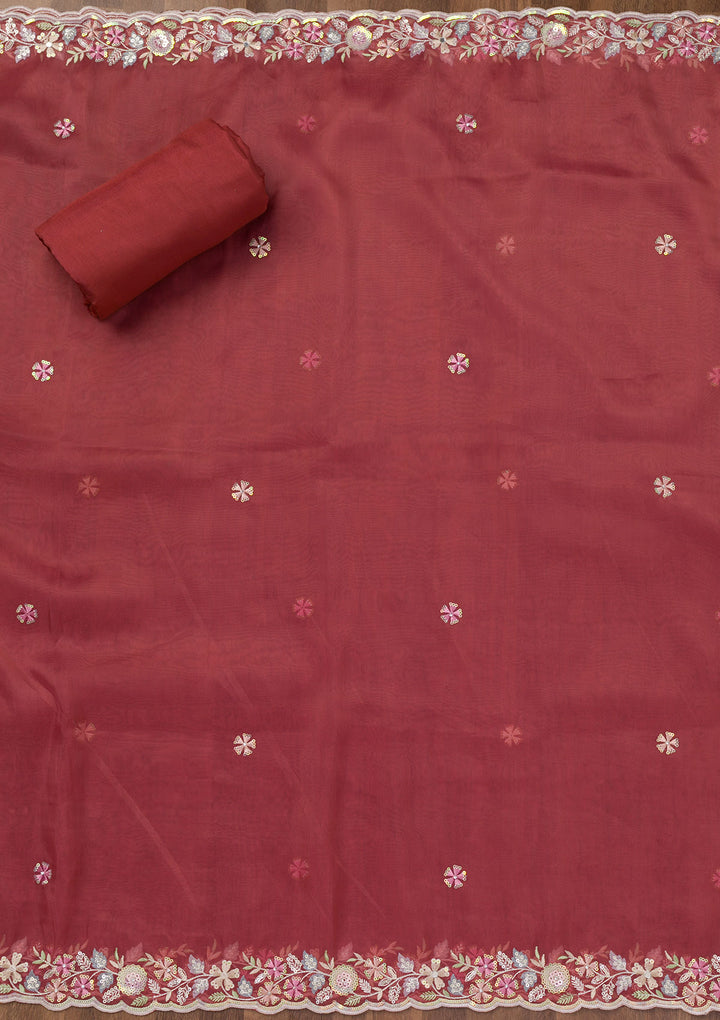 Rust Crepe Sequins Unstitched Dress Material With Matching Bottom And Dupatta