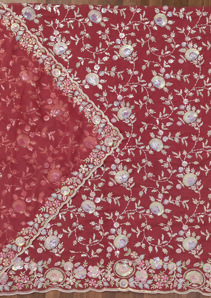 Rust Crepe Sequins Unstitched Dress Material With Matching Bottom And Dupatta