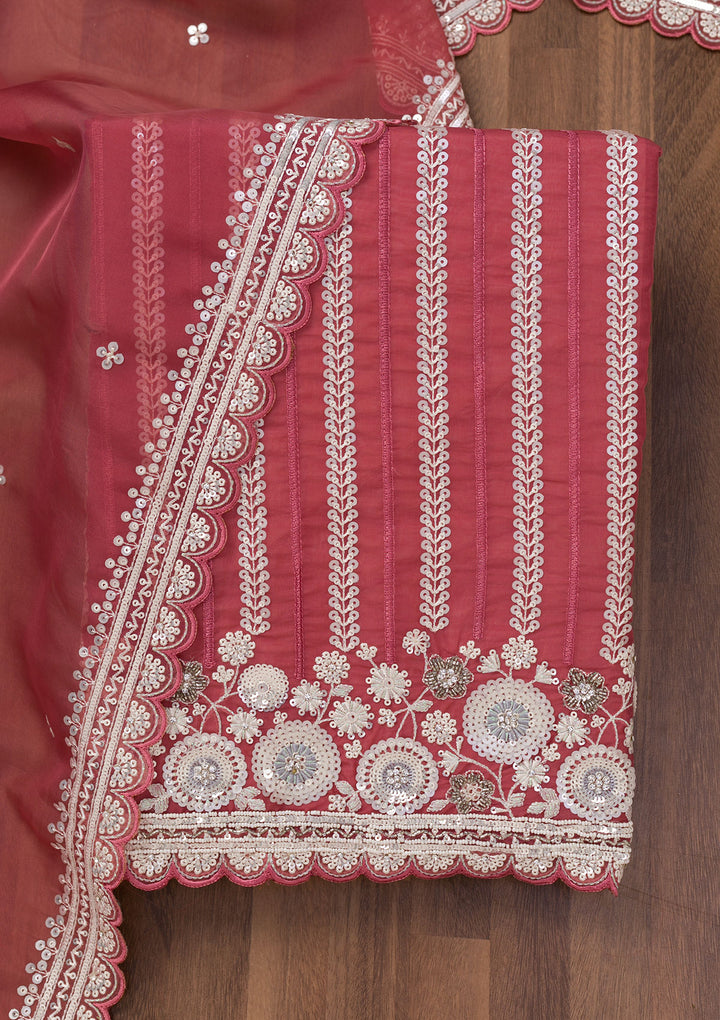 Rust Crepe Sequins Unstitched Dress Material With Matching Bottom And Dupatta