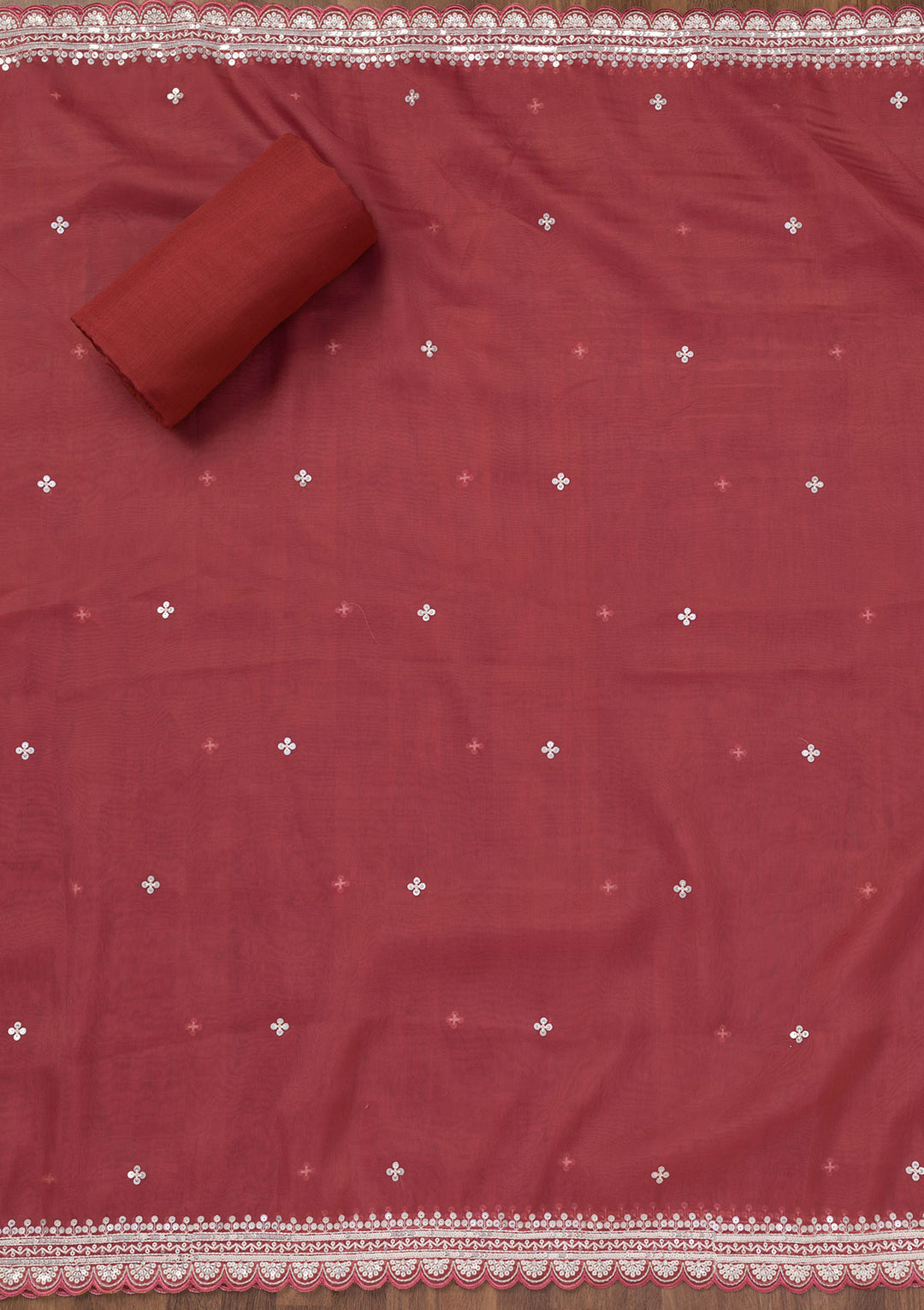 Rust Crepe Sequins Unstitched Dress Material With Matching Bottom And Dupatta