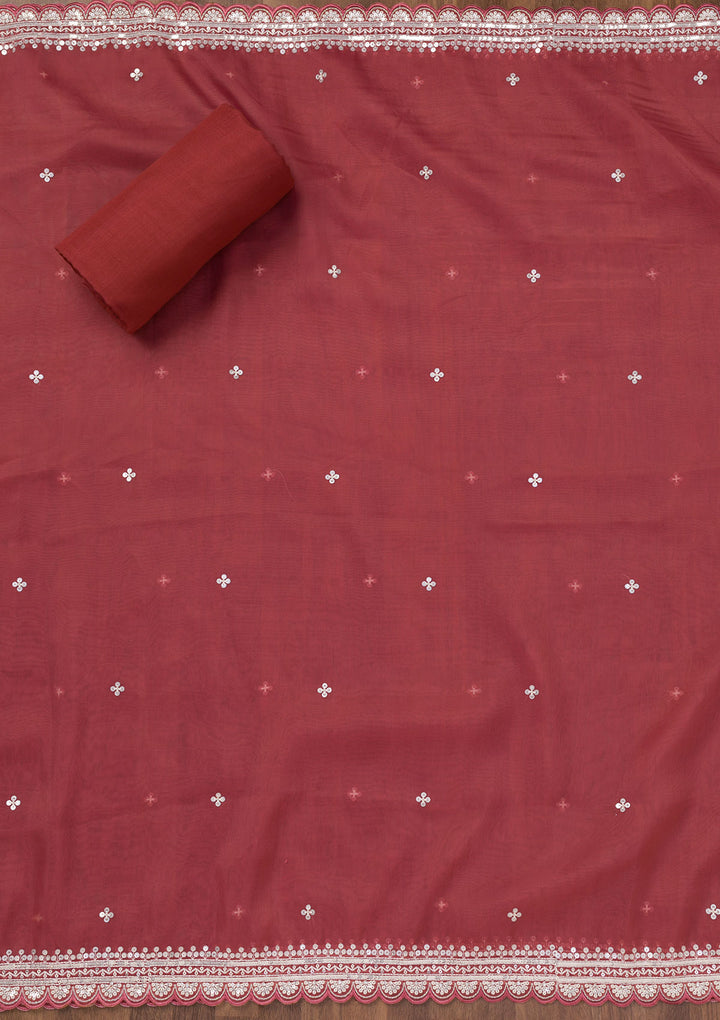 Rust Crepe Sequins Unstitched Dress Material With Matching Bottom And Dupatta