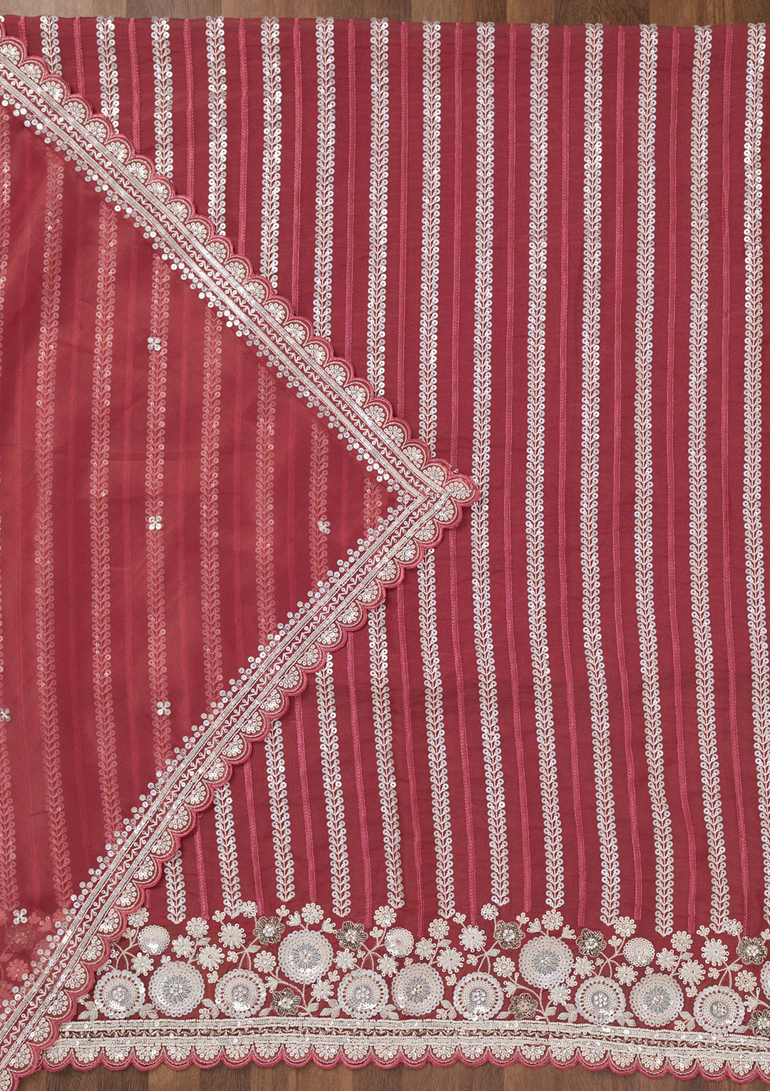 Rust Crepe Sequins Unstitched Dress Material With Matching Bottom And Dupatta
