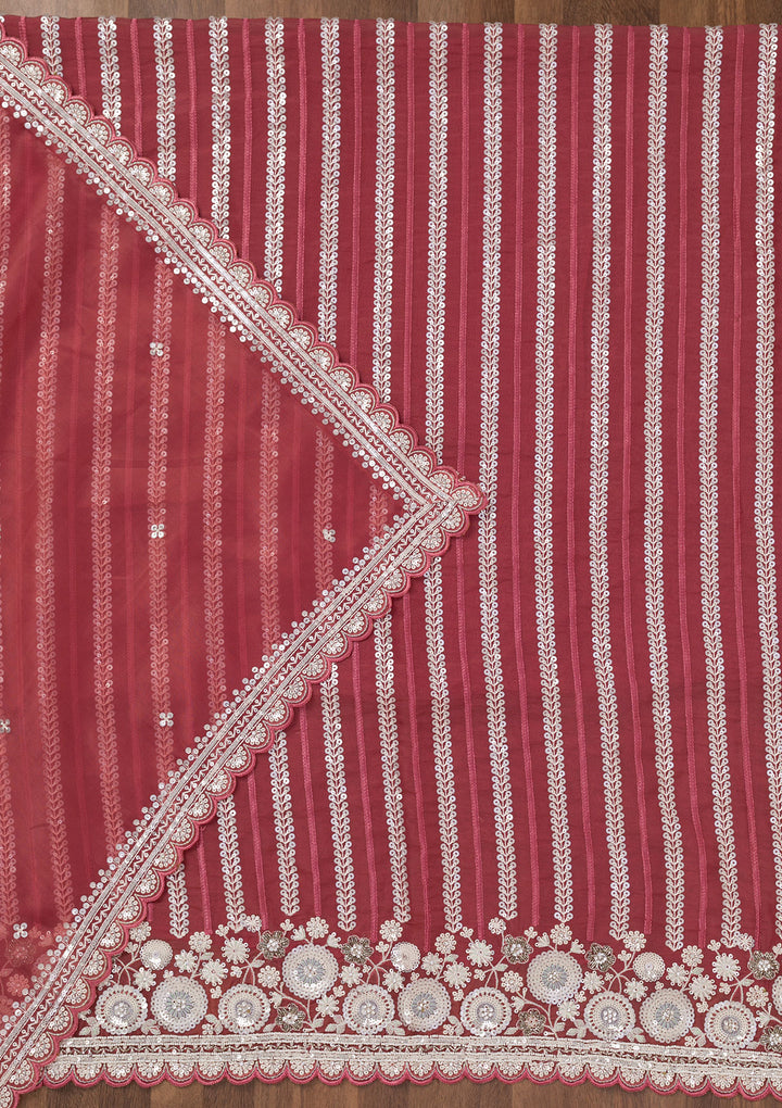 Rust Crepe Sequins Unstitched Dress Material With Matching Bottom And Dupatta