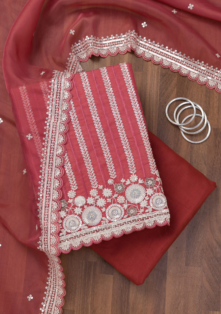 Rust Crepe Sequins Unstitched Dress Material With Matching Bottom And Dupatta