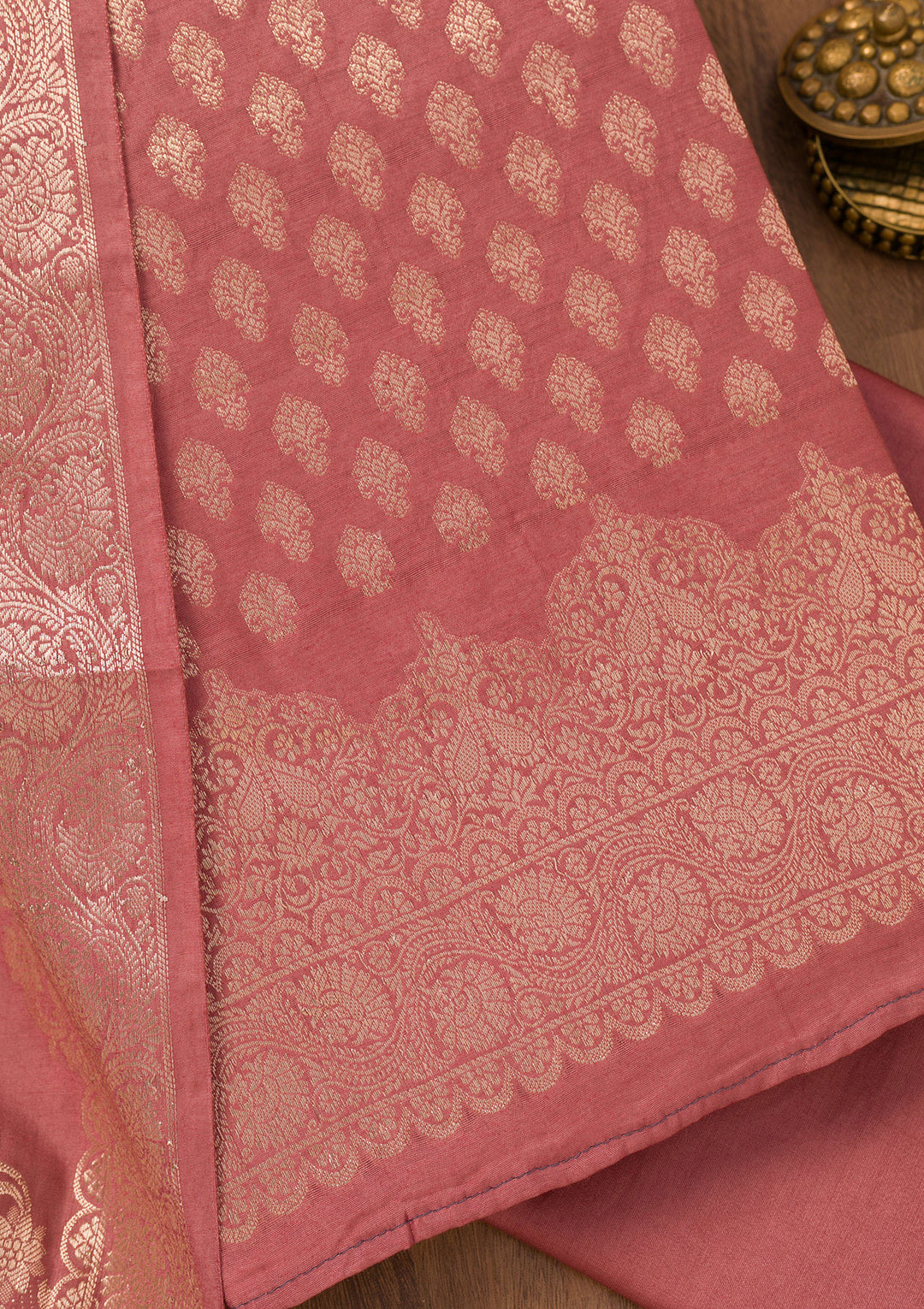 Rust Silk Gold Zariwork Unstitched Dress Material With Matching Bottom And Dupatta