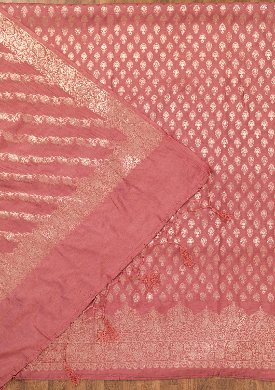 Rust Silk Gold Zariwork Unstitched Dress Material With Matching Bottom And Dupatta