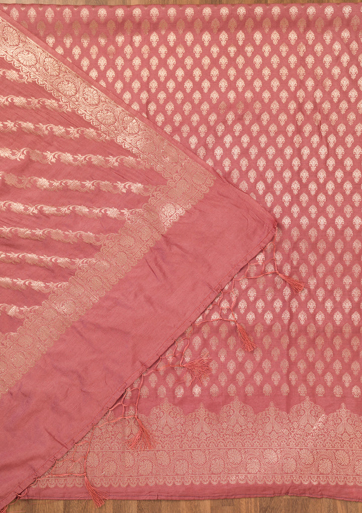 Rust Silk Gold Zariwork Unstitched Dress Material With Matching Bottom And Dupatta