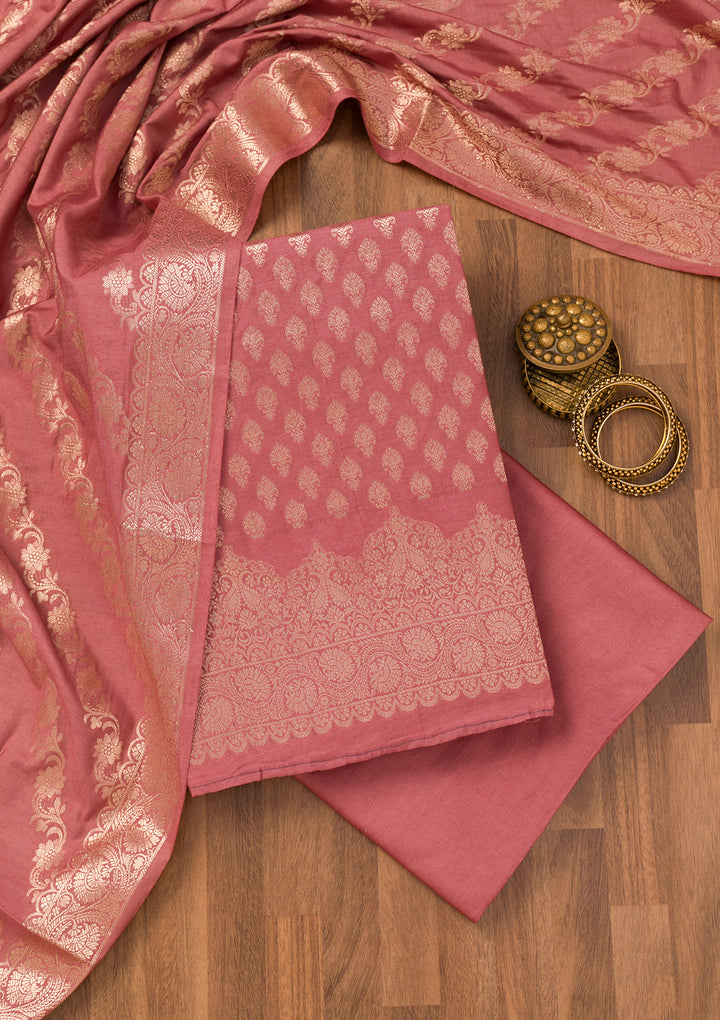Rust Silk Gold Zariwork Unstitched Dress Material With Matching Bottom And Dupatta