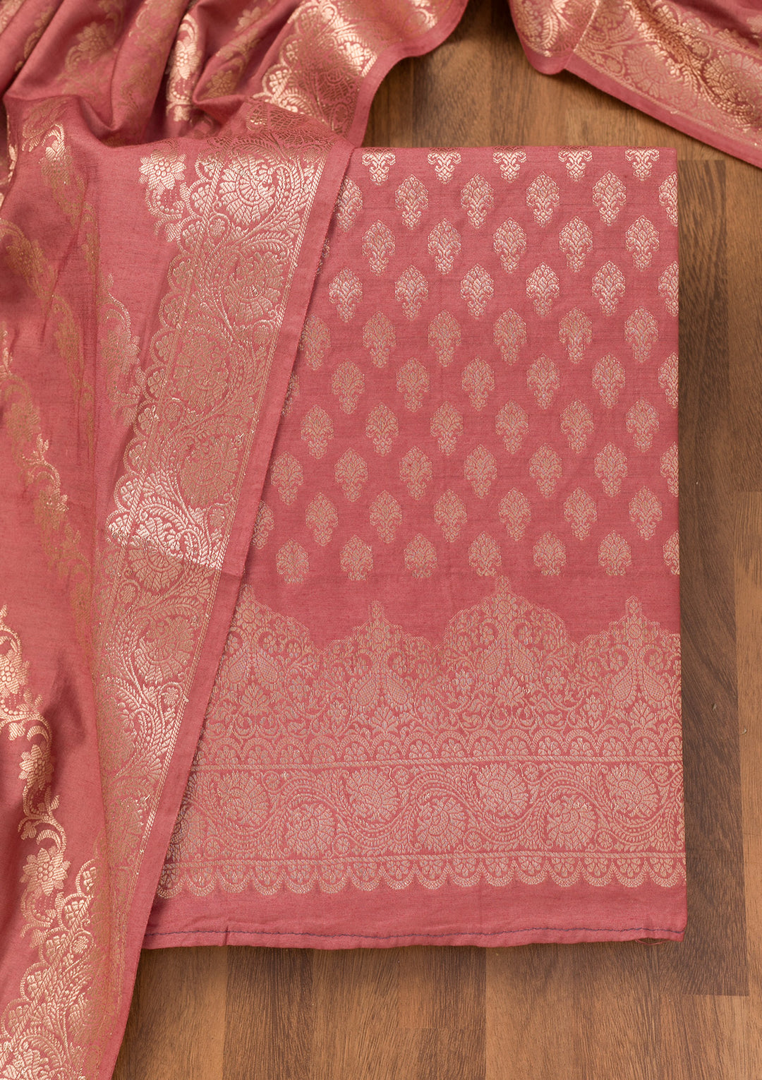 Rust Silk Gold Zariwork Unstitched Dress Material With Matching Bottom And Dupatta