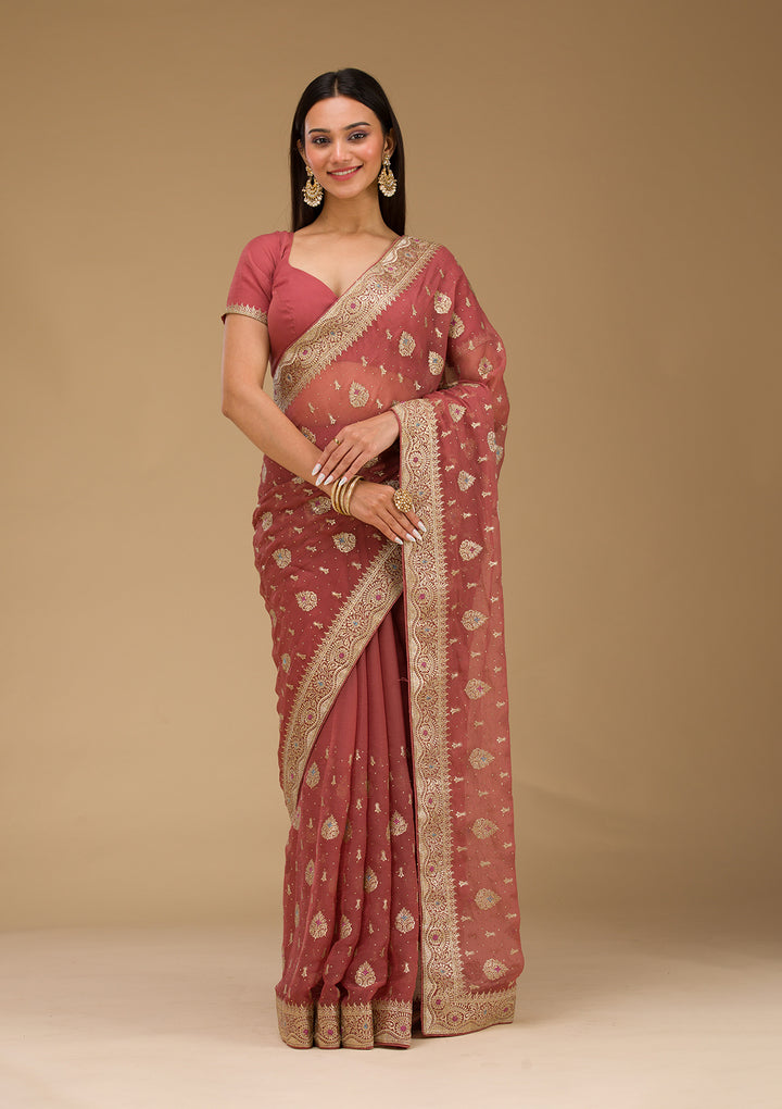 Rust Chiffon Gold Zariwork Saree With Matching Blouse Piece
