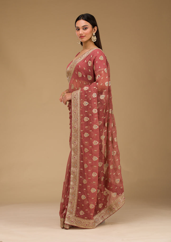 Rust Chiffon Gold Zariwork Saree With Matching Blouse Piece