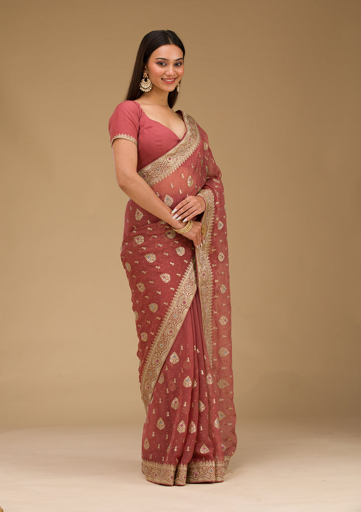 Rust Chiffon Gold Zariwork Saree With Matching Blouse Piece