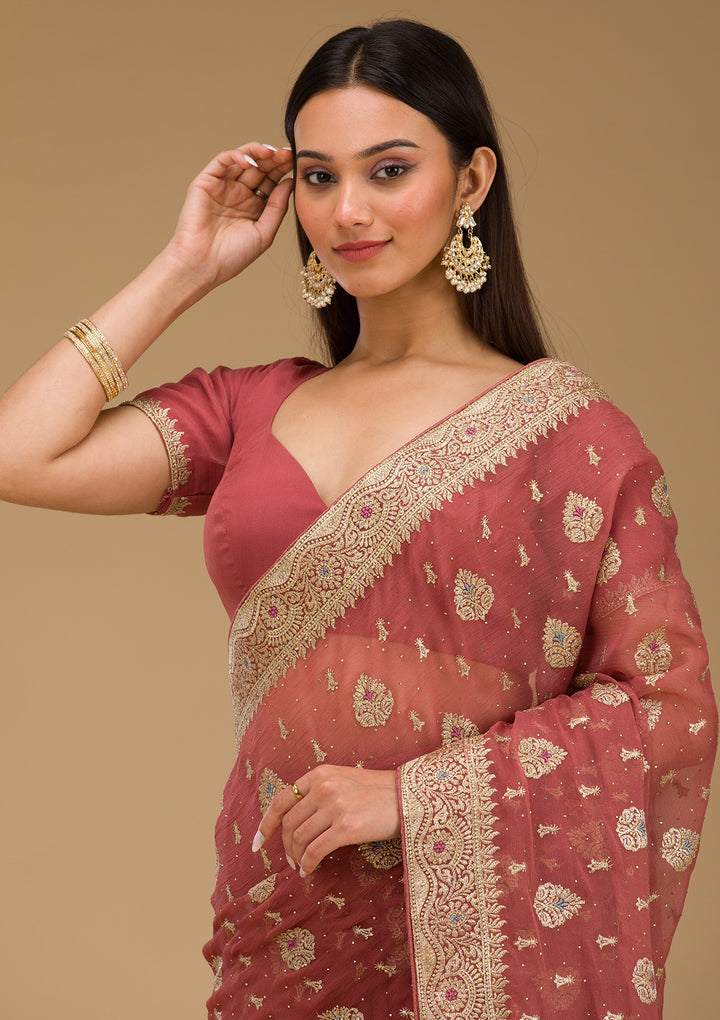 Rust Chiffon Gold Zariwork Saree With Matching Blouse Piece