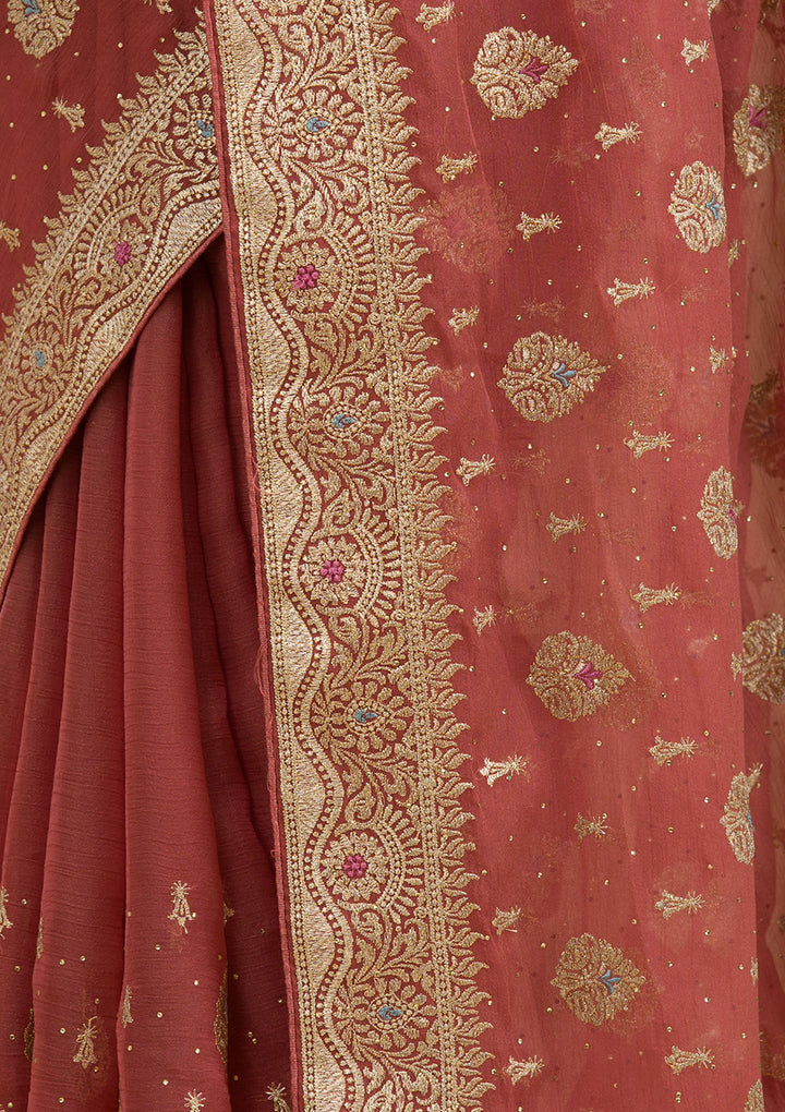 Rust Chiffon Gold Zariwork Saree With Matching Blouse Piece