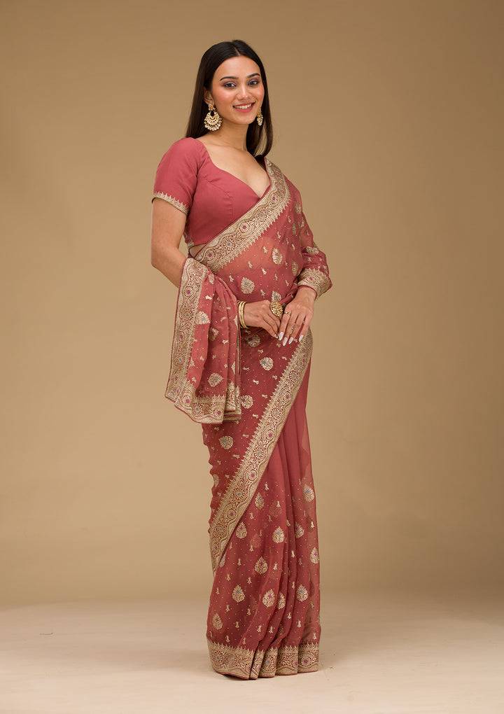 Rust Chiffon Gold Zariwork Saree With Matching Blouse Piece